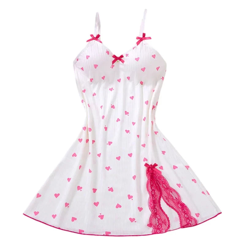 Women's Sleepwear Underwear Rose Lace Bow & Heart Print  Sleep Dress Sexy Pijamas Set  V Neck  Pajamas Mini Nightgowns Hot Dress