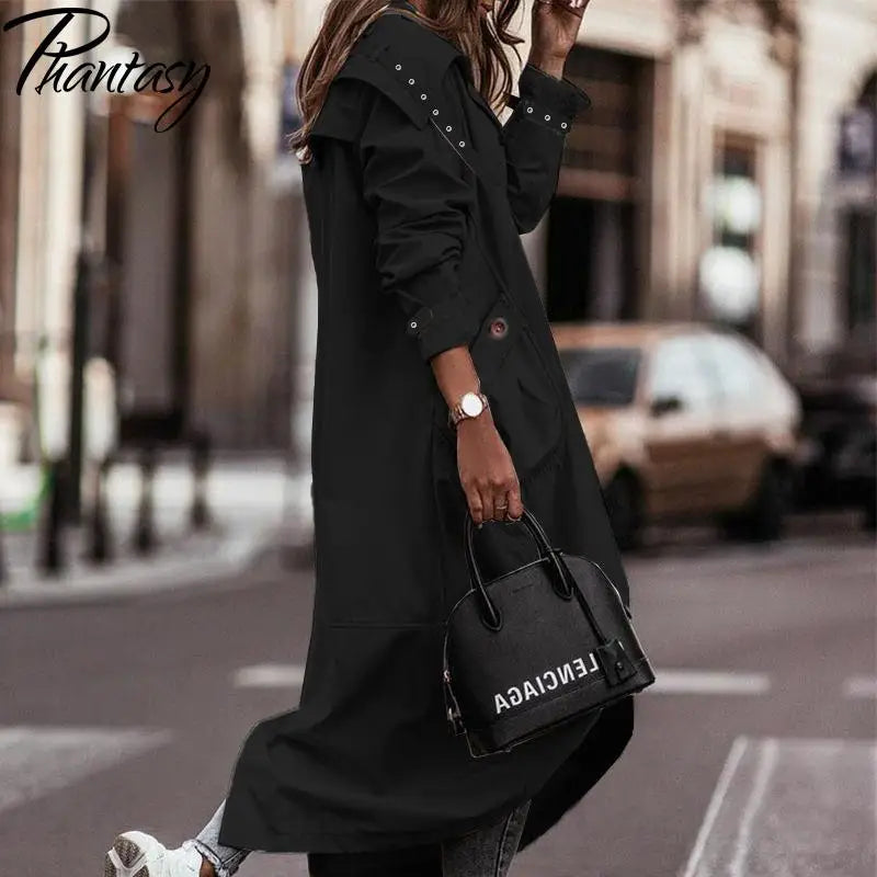 Phantasy Long Trench Coat Women Loose Button Fashion Casual Suit Elegant Female Pockets Streetwear Commuter Lady Coat Autumn