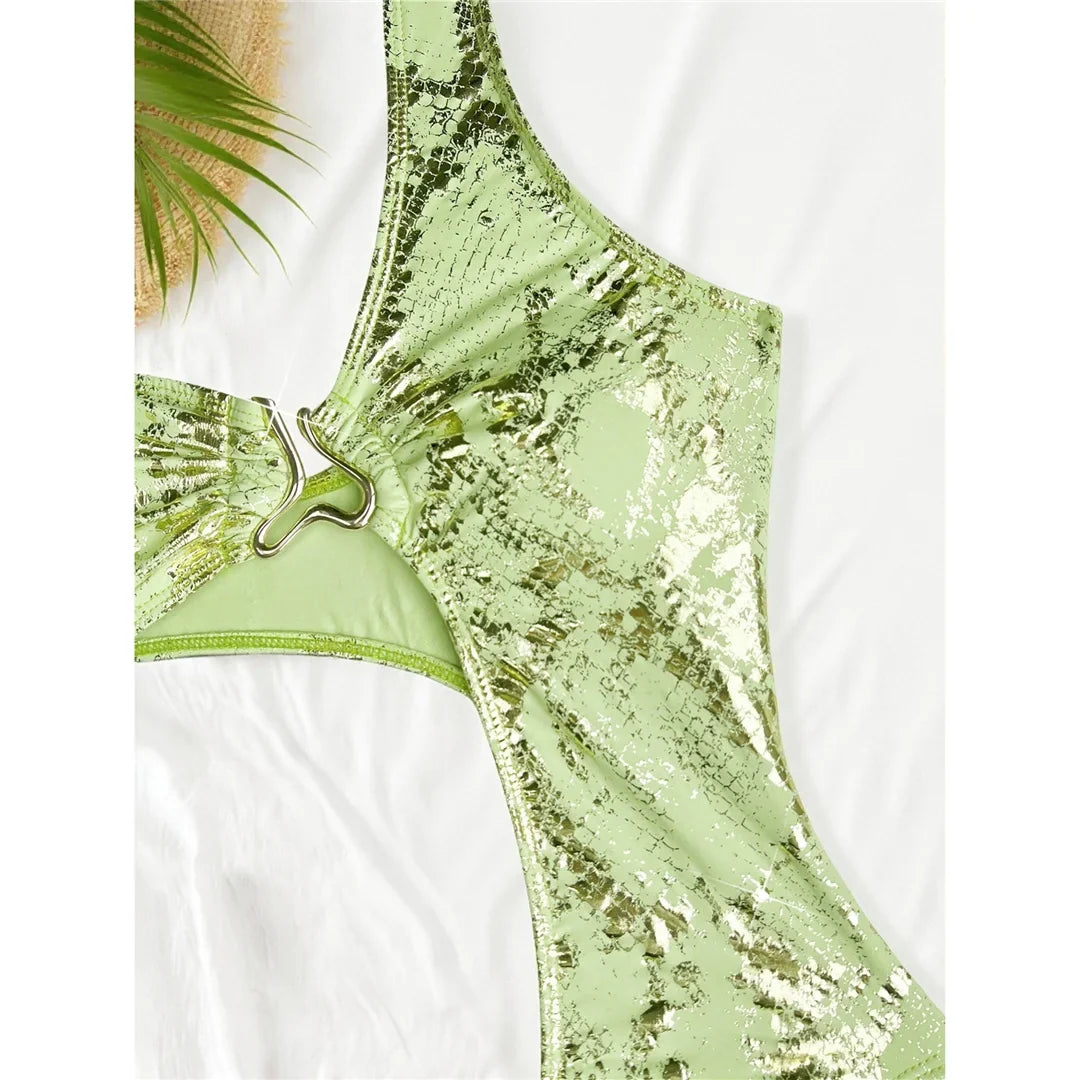 S - XL Asymmetric Printed Cut Out One Piece Swimsuit Women Swimwear Female One Shoulder Padded Bather Bathing Suit Swim K7318