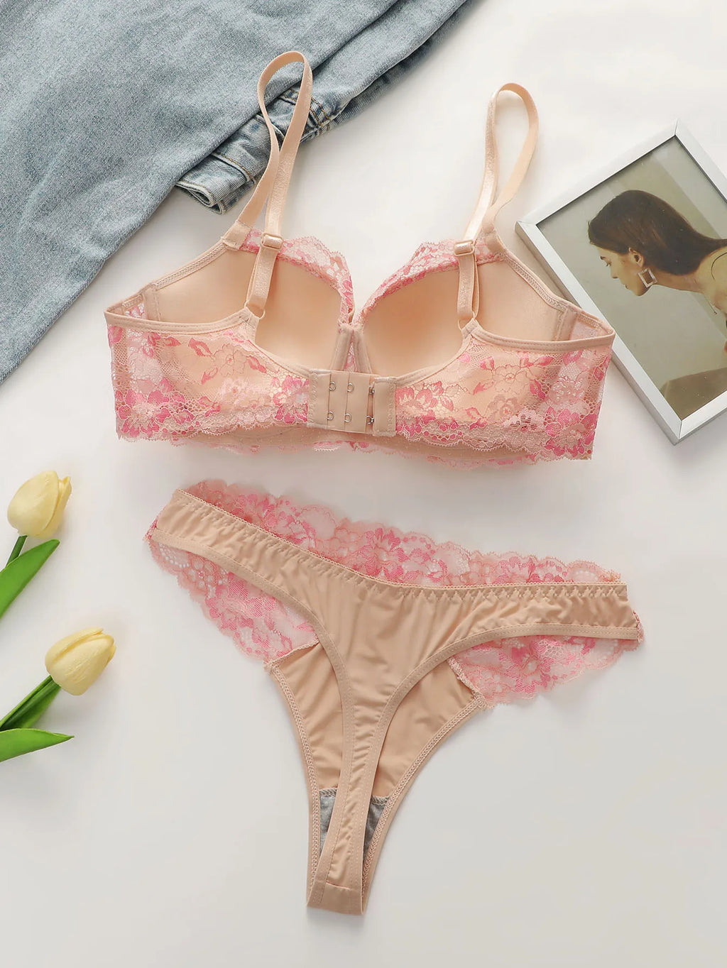 Women's Pink Lace Bra and Panty Set  Soft Floral Lace Everyday Comfort Perfect for Casual Wear sexy Lingerie set B2631