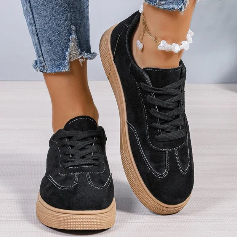 All Match Black Faux Suede Sports Shoes for Women Lace Up Low Top Sneakers Woman Sewing Wear Resistant Vulcanize Shoes Ladies