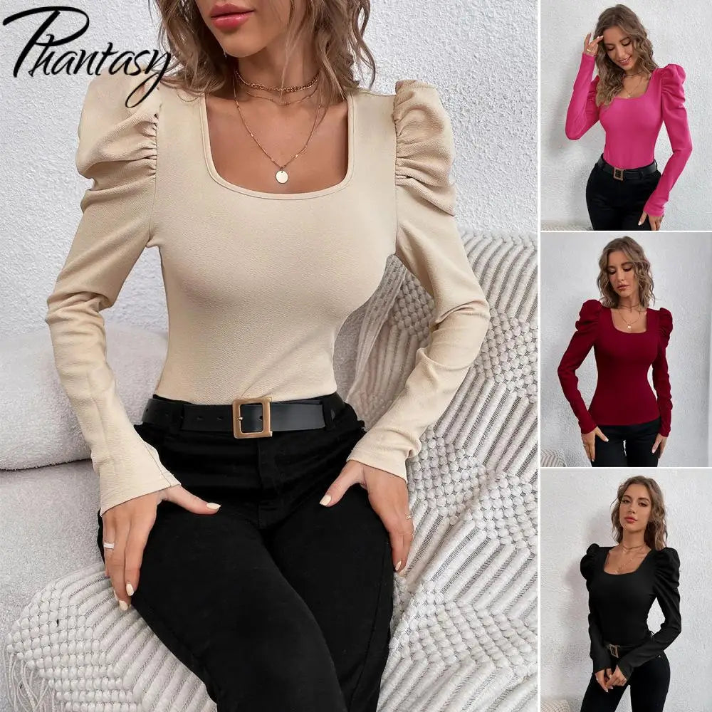 Phantasy New Y2k Tops Fashion Square Collar Slim Leg Sleeve Knitted Bubble Long Sleeve T-shirt Casual Style Vintage Clothing
