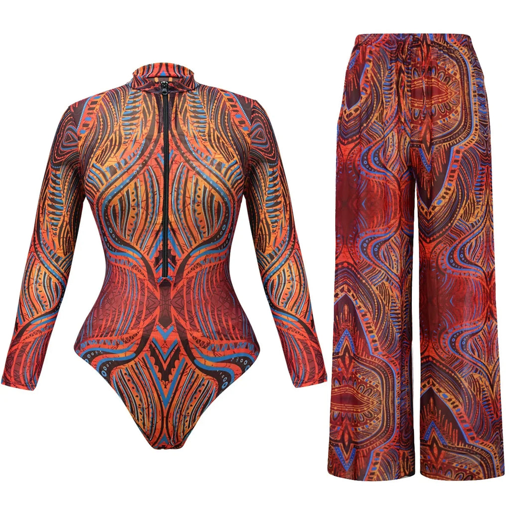Slimming Mesh Swimsuit One Piece with Long Sleeves Sexy Bathing Suit Featuring Skirt ＆ Long Pants Bodysuit for Smart Beach Wear