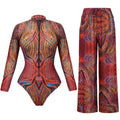 Slimming Mesh Swimsuit One Piece with Long Sleeves Sexy Bathing Suit Featuring Skirt ＆ Long Pants Bodysuit for Smart Beach Wear