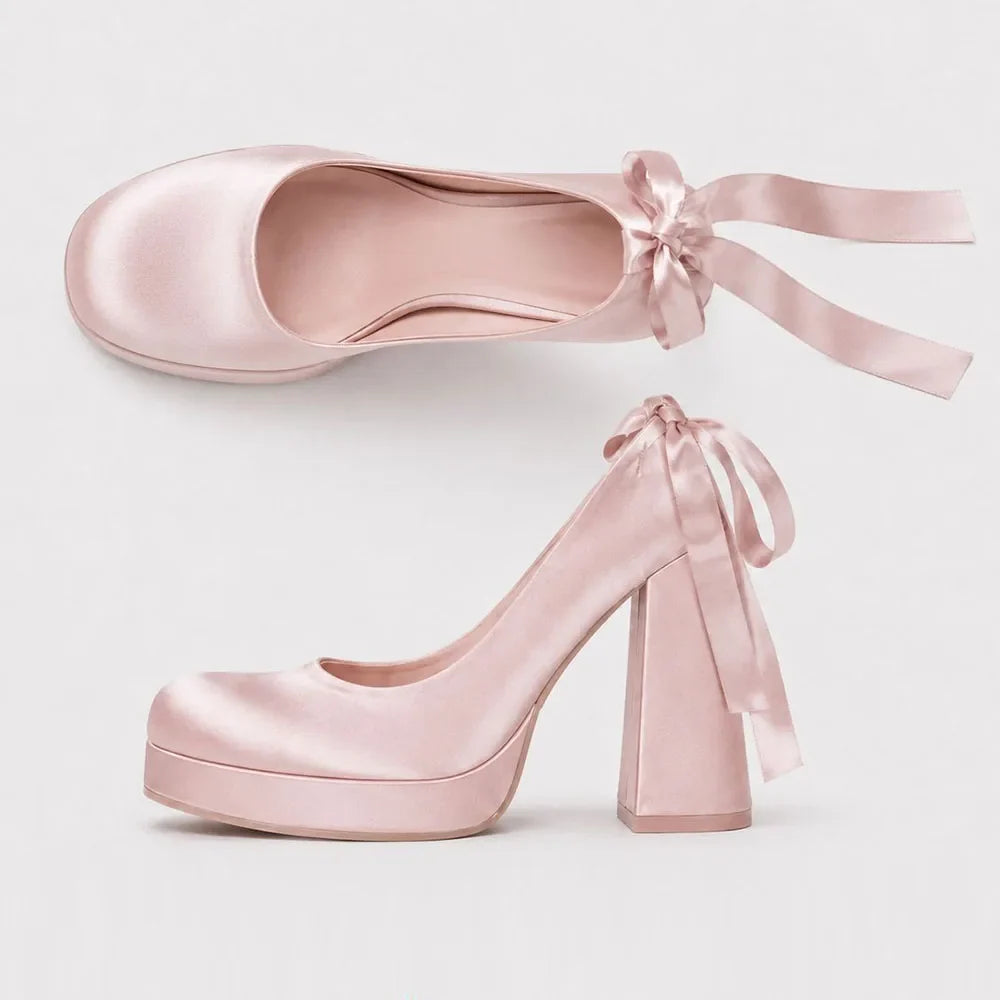 Size 42 Elegant Pink Satin Platform Block Heel Pumps Black Ribbon Wrap Ballerina Bow Wedding Party Dress Heels Shoes Women