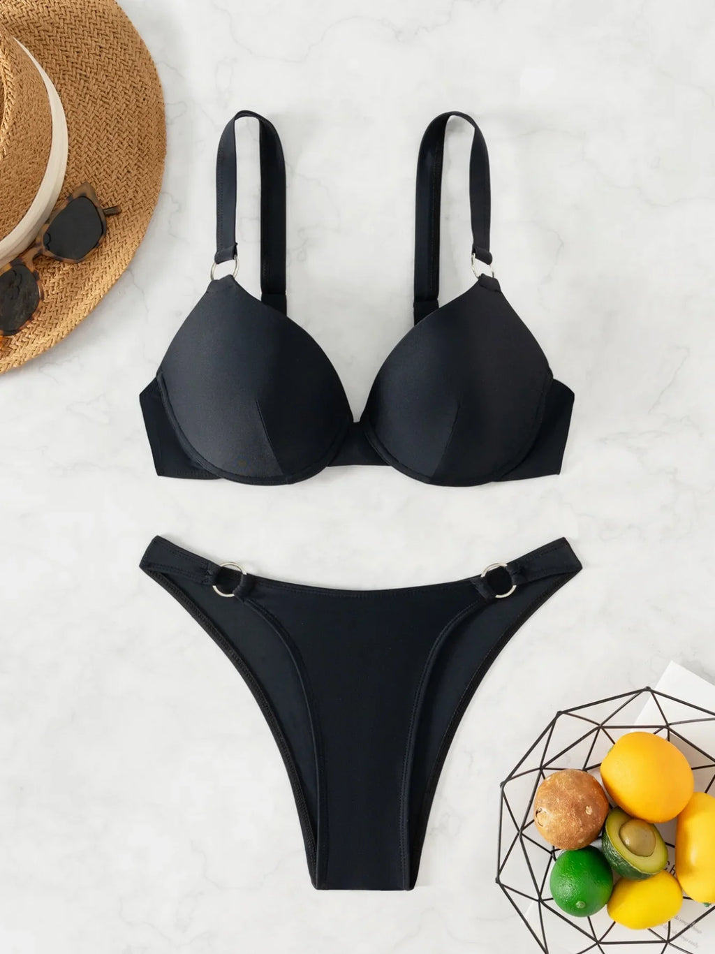 Sexy Black Swimwear Woman 2025 Metal Ring Push Up Padded Bikini Set Summer Bathing Suit Holiday Two Piece Swimsuit Biquini