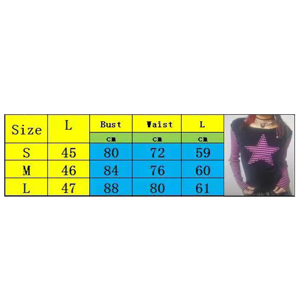 Early Autumn Punk Style Slim Fit T-shirt Women Long Sleeve Crew Neck Star Stripes Patchwork Ladies Tops for Casual Daily