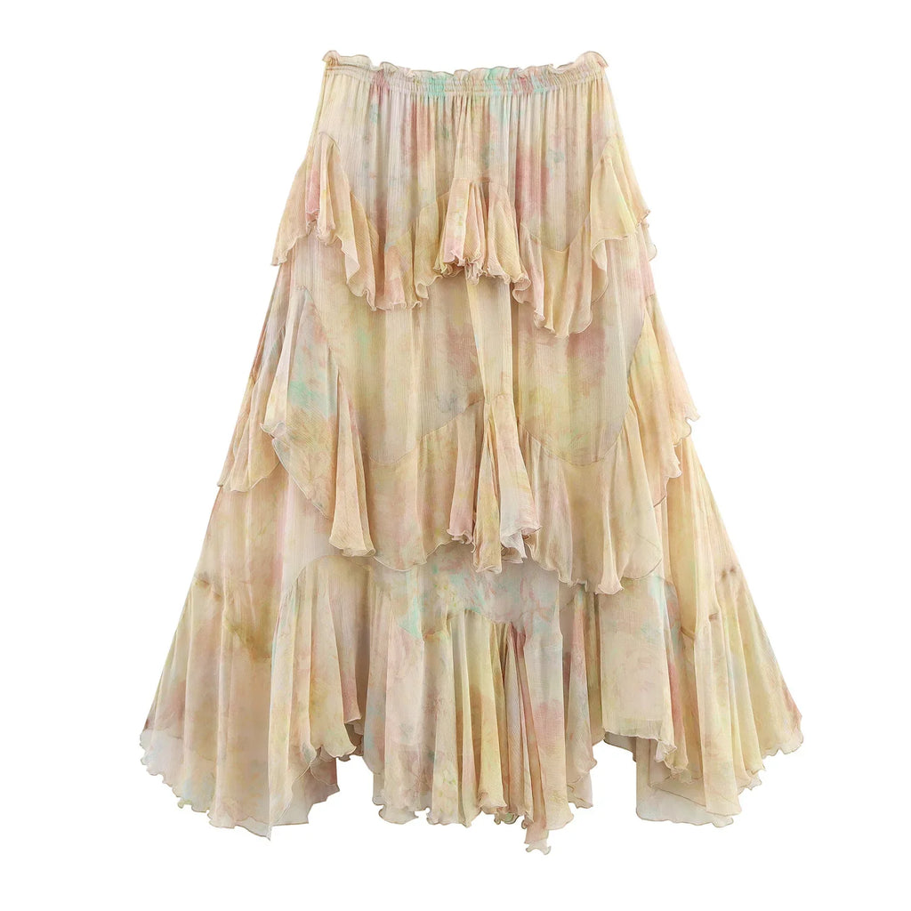 Women's Printed Layered Skirt Pastel Watercolor Print Tiered Ruffled Skirt Elastic Waist Chiffon Summer Skirt For Women 65EU