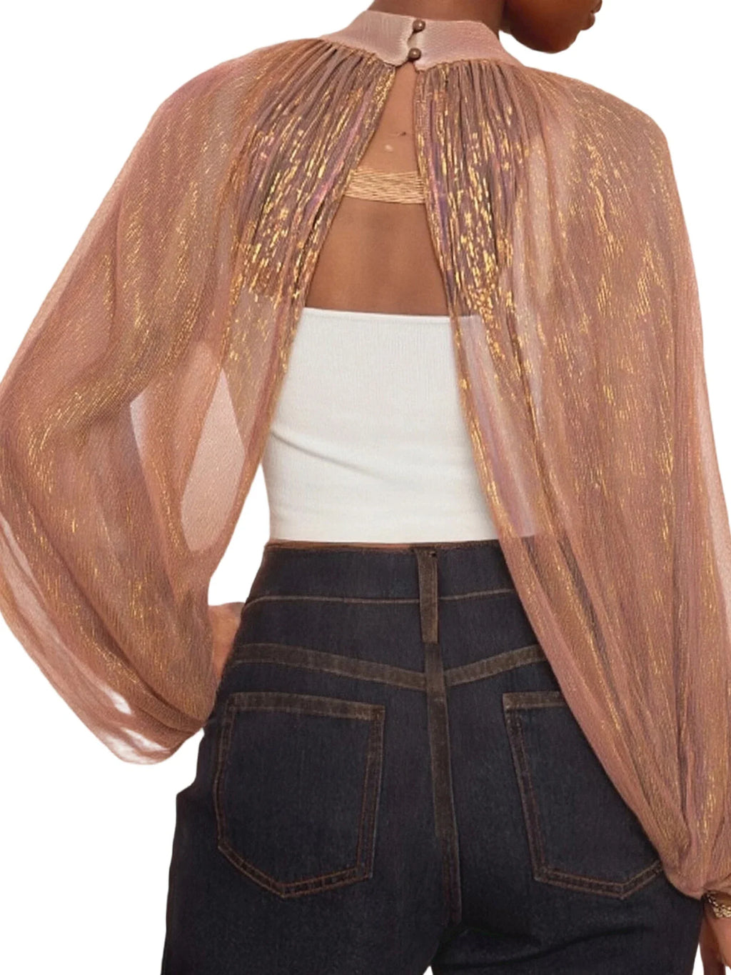 Women's Spring Summer Solid Color Sheer Blouse Glitter Long Sleeve Mock Neck Open Front Tops Streetwear