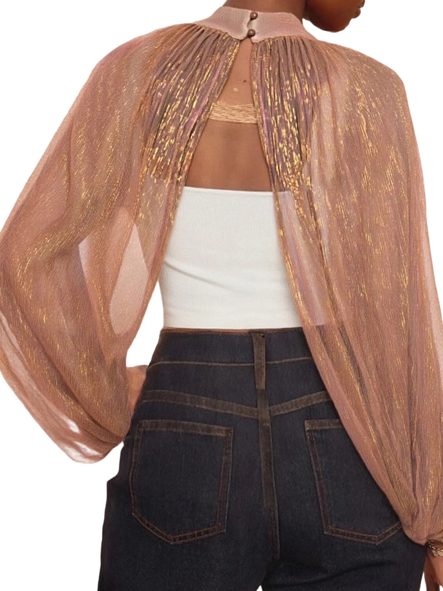 Women's Spring Summer Solid Color Sheer Blouse Glitter Long Sleeve Mock Neck Open Front Tops Streetwear