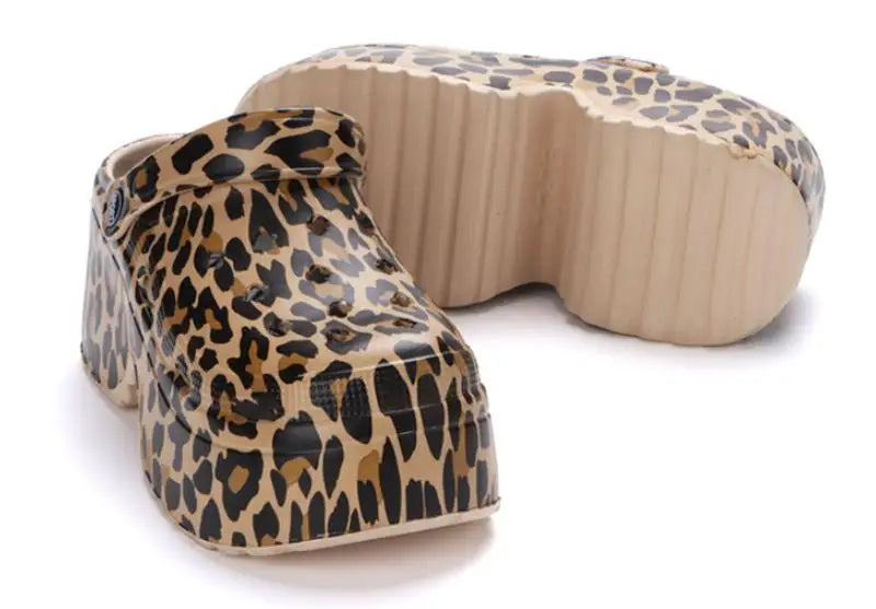 Leopard Platform Clogs for Women Closed Toe Chunky High Heel Sandals Woman New Summer Street Beach Slides Girls Fashion Slippers