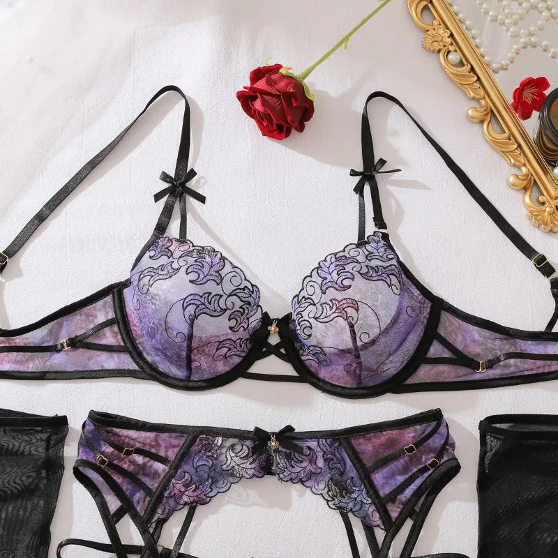 Toucheart Erotic Lingerie Fashionable Bow Accessories Contrasting Color Embroidery Hollow Slim Fit Women Sexy Lingerie Split Set