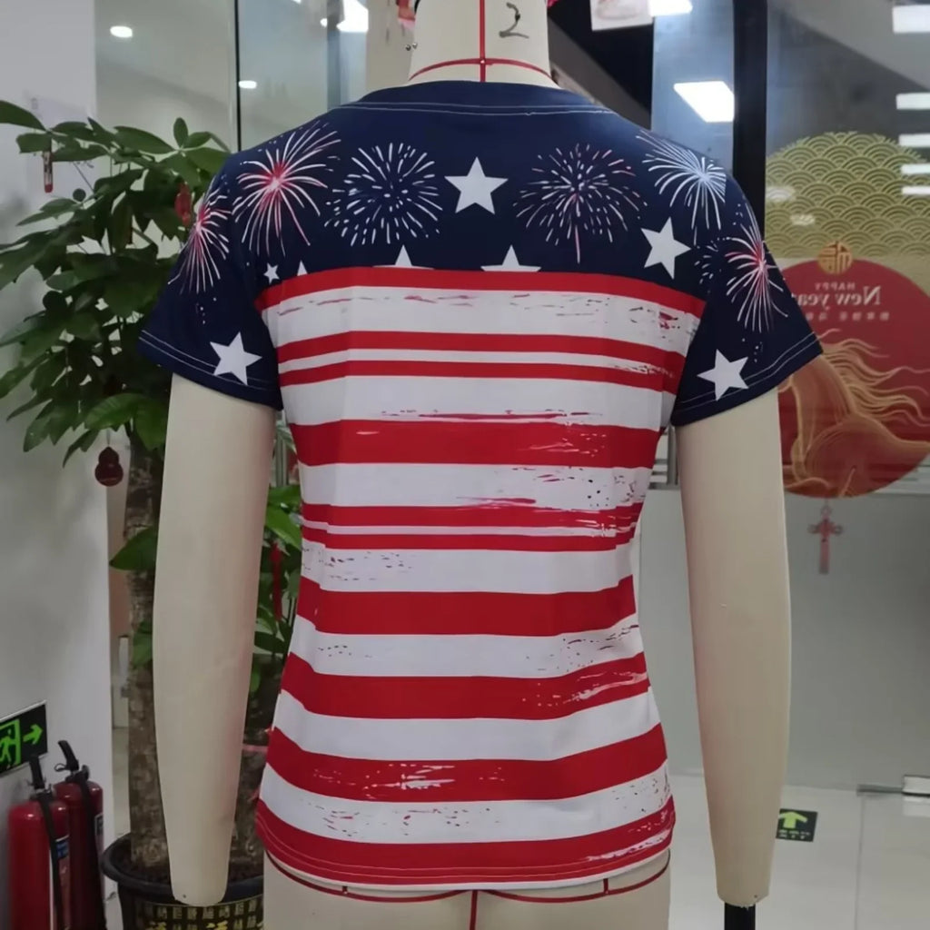 Women's 4th of July American Flag T Shirt Stylish Star Print Short Sleeve Round Neck Tops for Daily Wear
