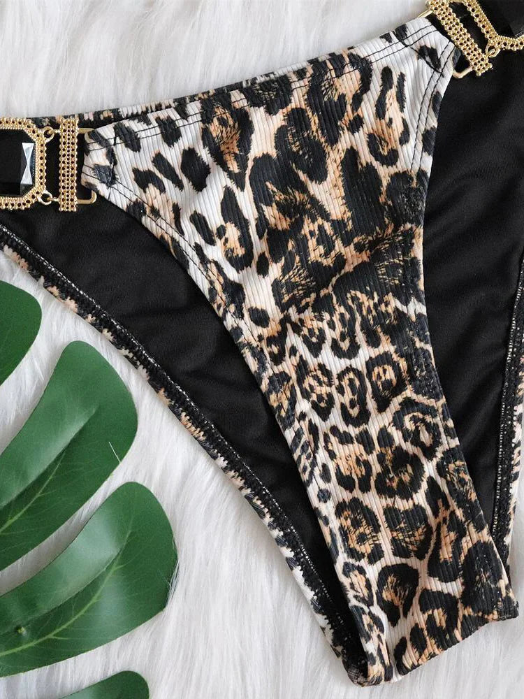 Sexy Leopard Crystal Diamond Bikini 2025 Women Swimsuit Female Halter Swimwear Two Pieces Bikini set Brazilian Bathing Suit Swim
