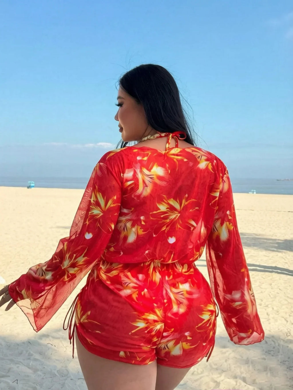 Red Floral Print Tankini Set 2026 Women Long Sleeve Drawstring Cover Up 3 Piece Swimsuit Beach Holiday Bathing Suit Swimwear 4XL