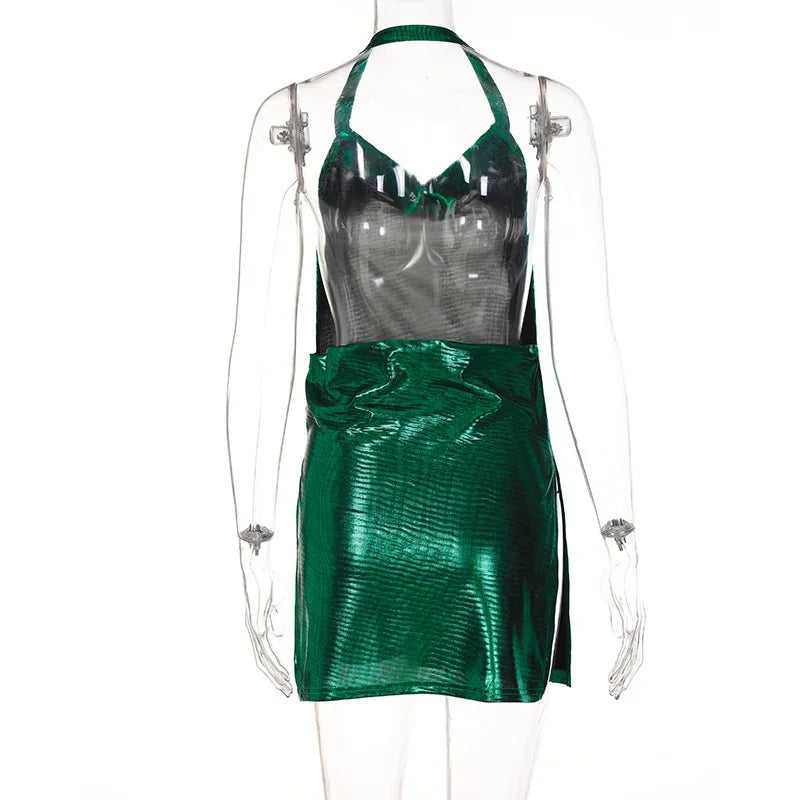 Sexy Hot Girl Slim Halter Neck Mini Dress Fold V-neck Low Cut Backless Bodycon Slit Short Dresses Streetwear Lady Party Vestidos