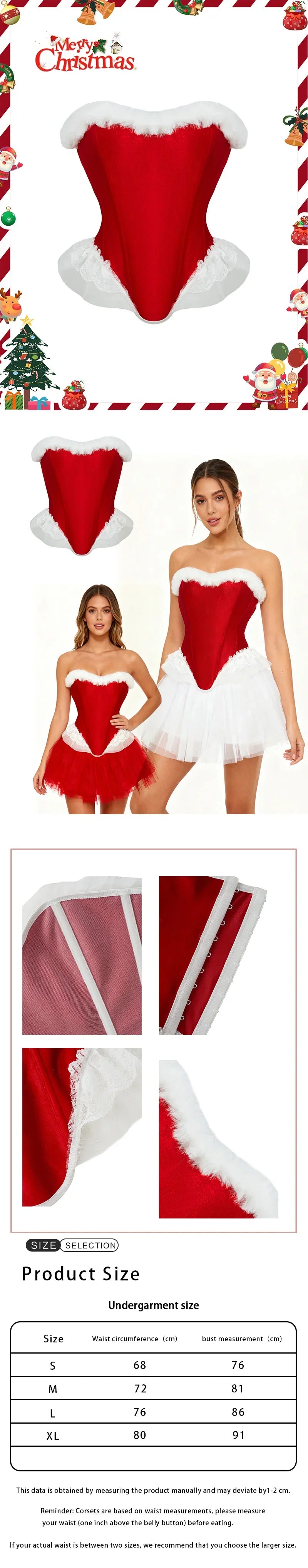Women’s Sexy Christmas Lingerie, Santa Girl Bodysuit with Fringe Trim, Push-up Shapewear for Full Bust & Side Smoothing