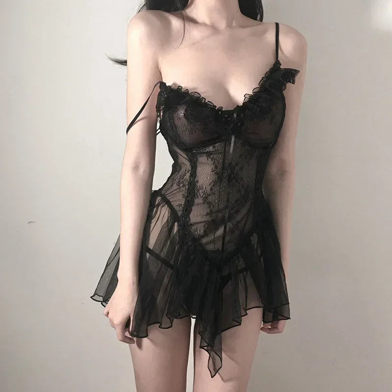 Sexy Lingerie Black Lace Short Nightdress Women Perspective Underwear Suspender Slim Dress Lolita Exotic Costume For Sex Suit
