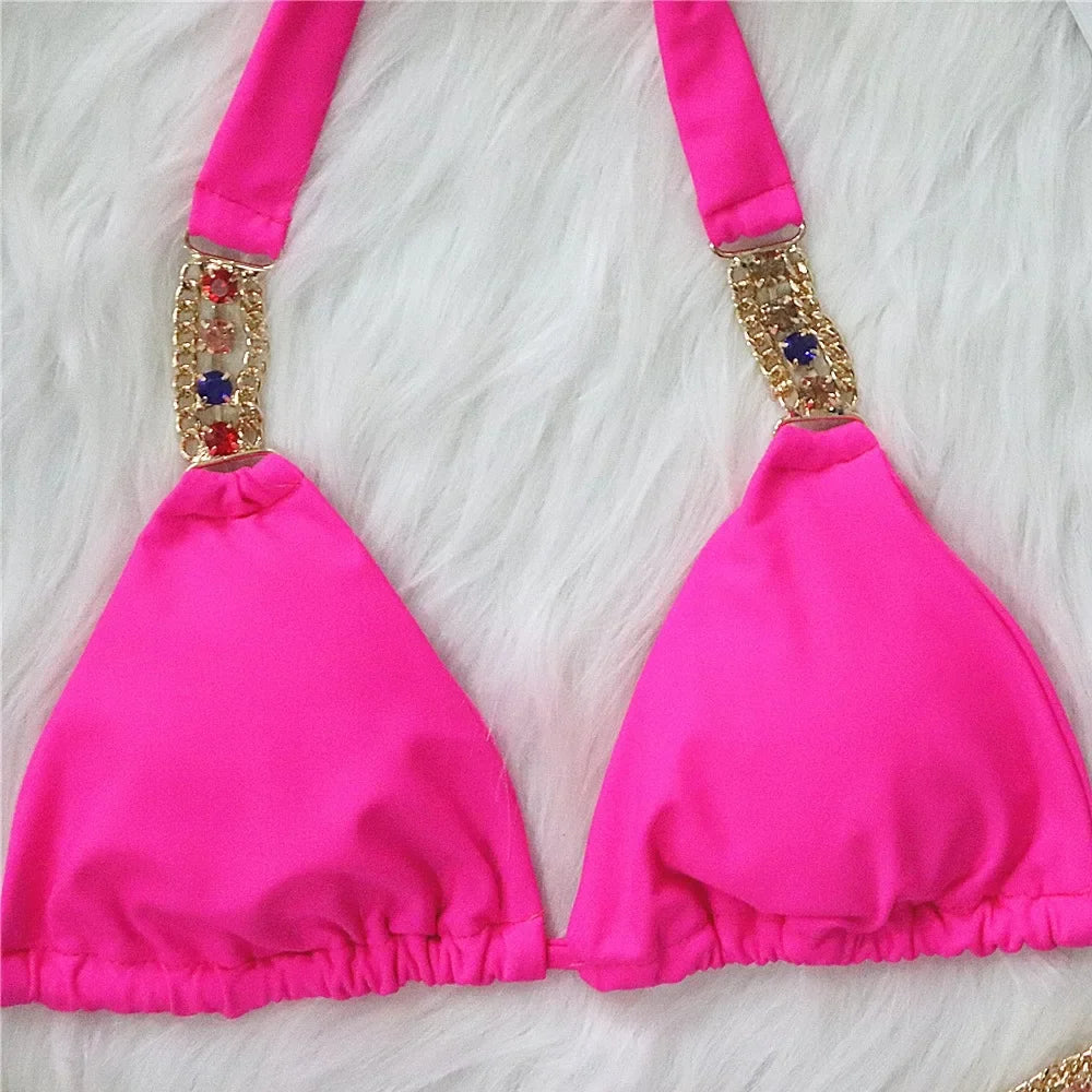 Bikini 2026 Sexy Solid Swimwear Swimsuit Women Rhinestone Metal Chain Bikinis Set Bathing Suit Beach Female Halter Bikinis Mujer