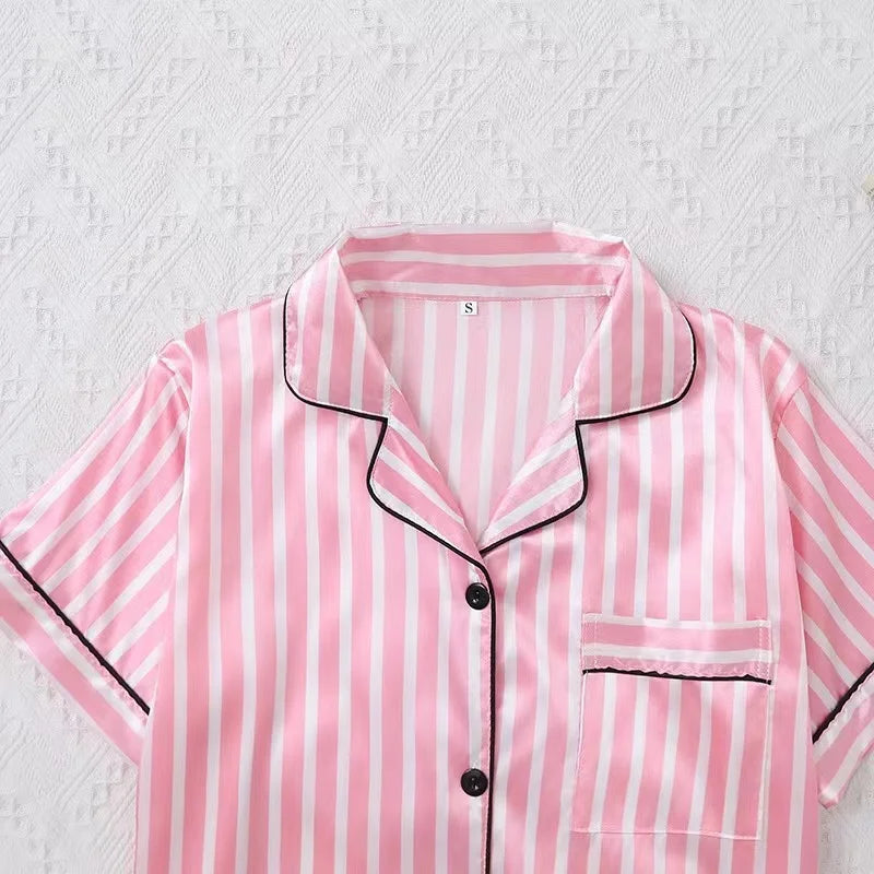 Large Size Women Pajamas Set Short-Sleeved Student Homewear Two-Piece Cardigan Lapel Senior Sense of Striped Short-Sleeved Short