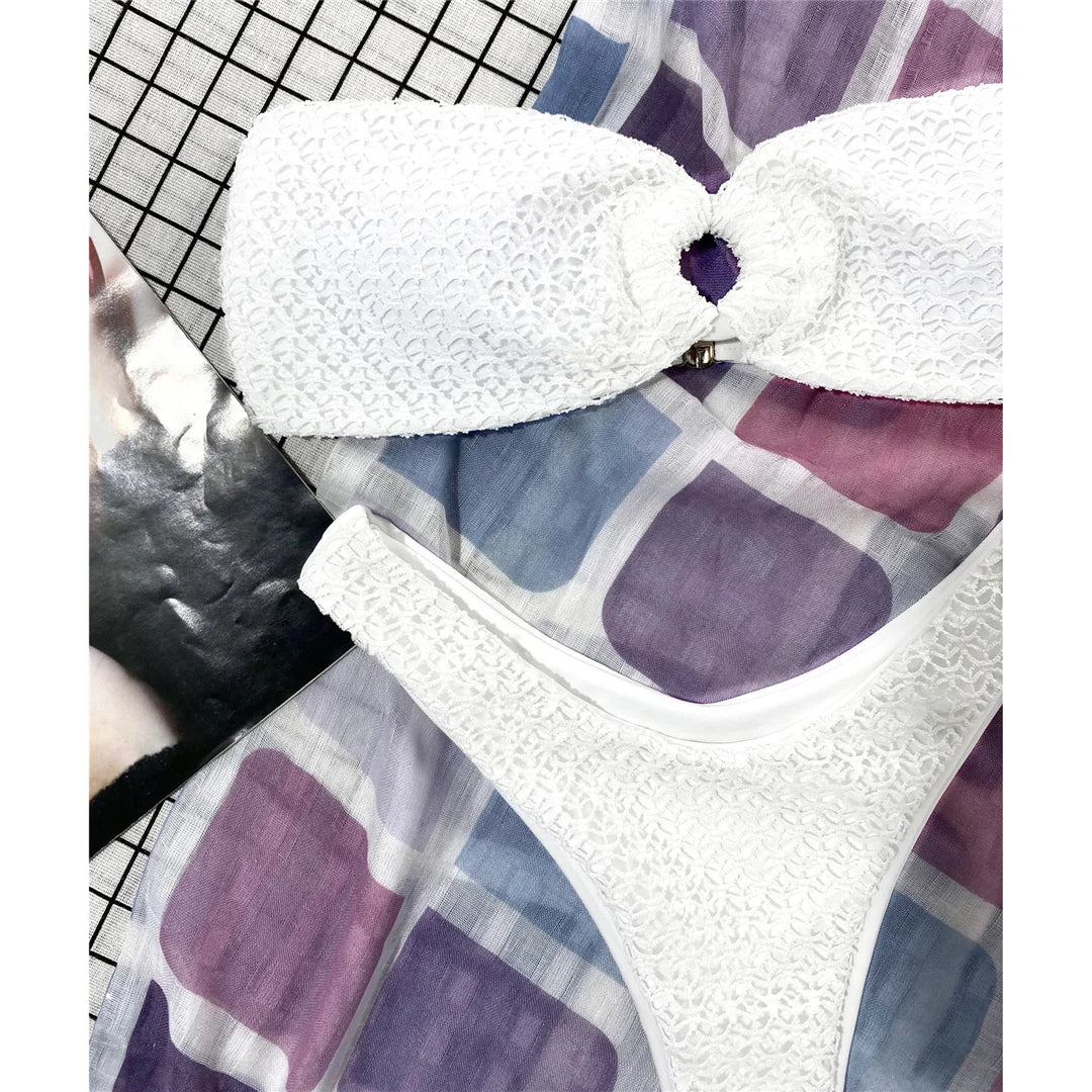 Wrinkled Bandeau High Cut Bikini Women Swimwear Female Swimsuit Two-Pieces Bikini Set Strapless Bather Bathing Suit Swim V3367