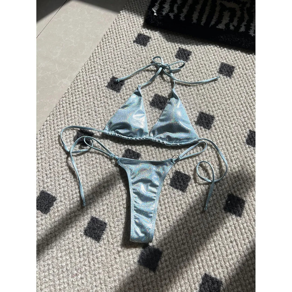 Glitter Sparkling High Cut Halter Bikini Female Swimsuit Women Swimwear Two-pieces Bikini set Bather Bathing Suit Swim V5102S