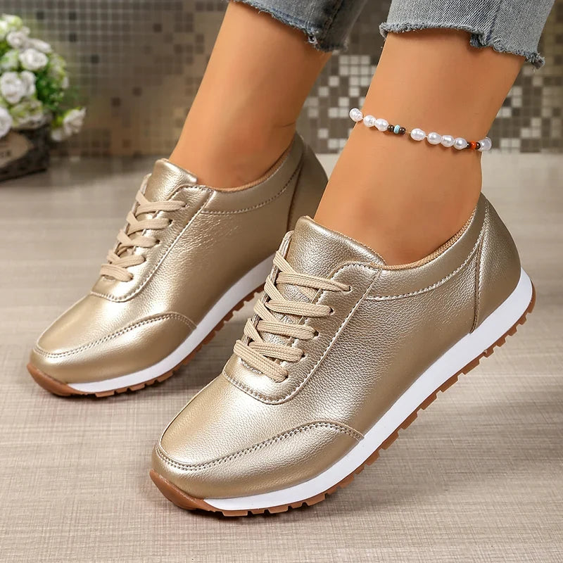 Fashion Gold Silver Platform Sneakers Women Spring Autumn Lace Up Plus Size Casual Sneakers Woman Comfort Non Slip Sport Shoes