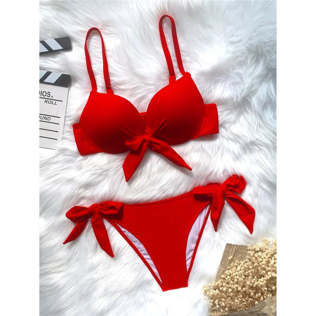 XS - XL Knotted Push Up Bikini Swimsuit Female Swimwear Women Two-pieces Bikini Set With Bra Cup Bather Bathing Suit Swim V3992