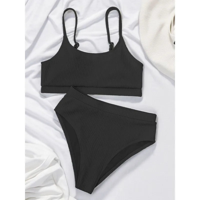 New Spiral Pit Strip U-Shaped High-Waisted Bikini Sexy Swimsuit Swimsuit Women Lightweight Fashion Classic Versatile Simple