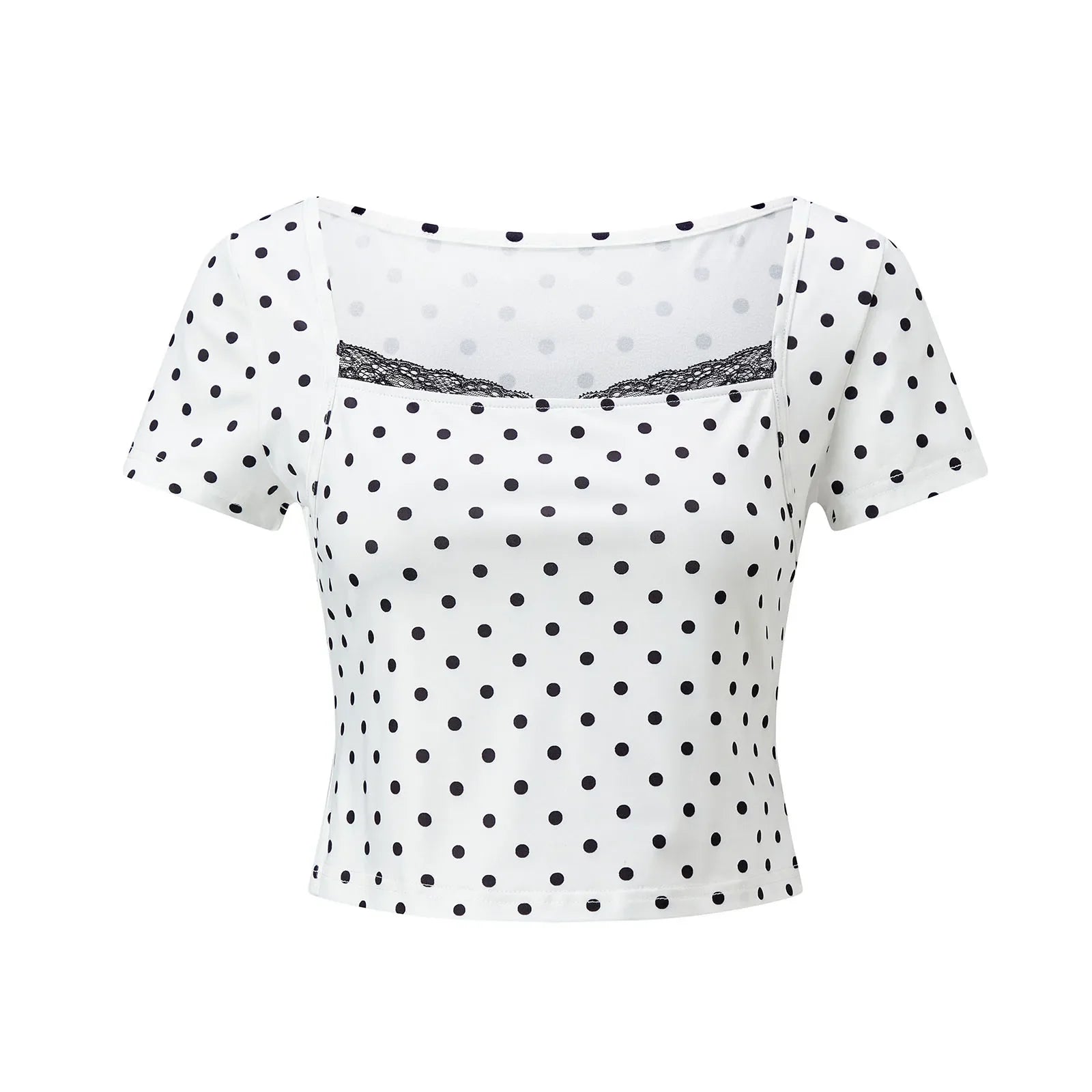 2026 Summer Women Lace Trim T-shirt Square Neck Short Sleeve Slim Fit Cropped Tops Trendy Daily Casual Retro Shirts
