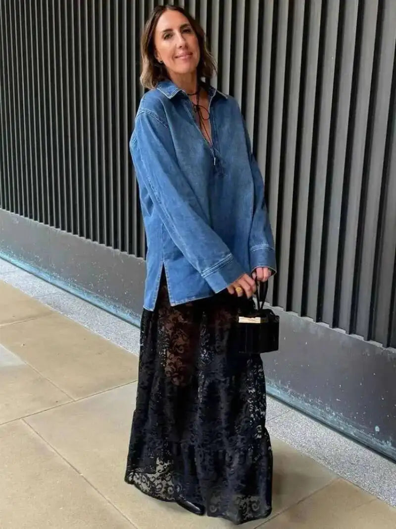 Mesh Sheer Lace Skirts Women High Waist Street Fashion Loose Hollow Out Long Skirt Party Sexy Patchwork Clubwear 2026 50JZ