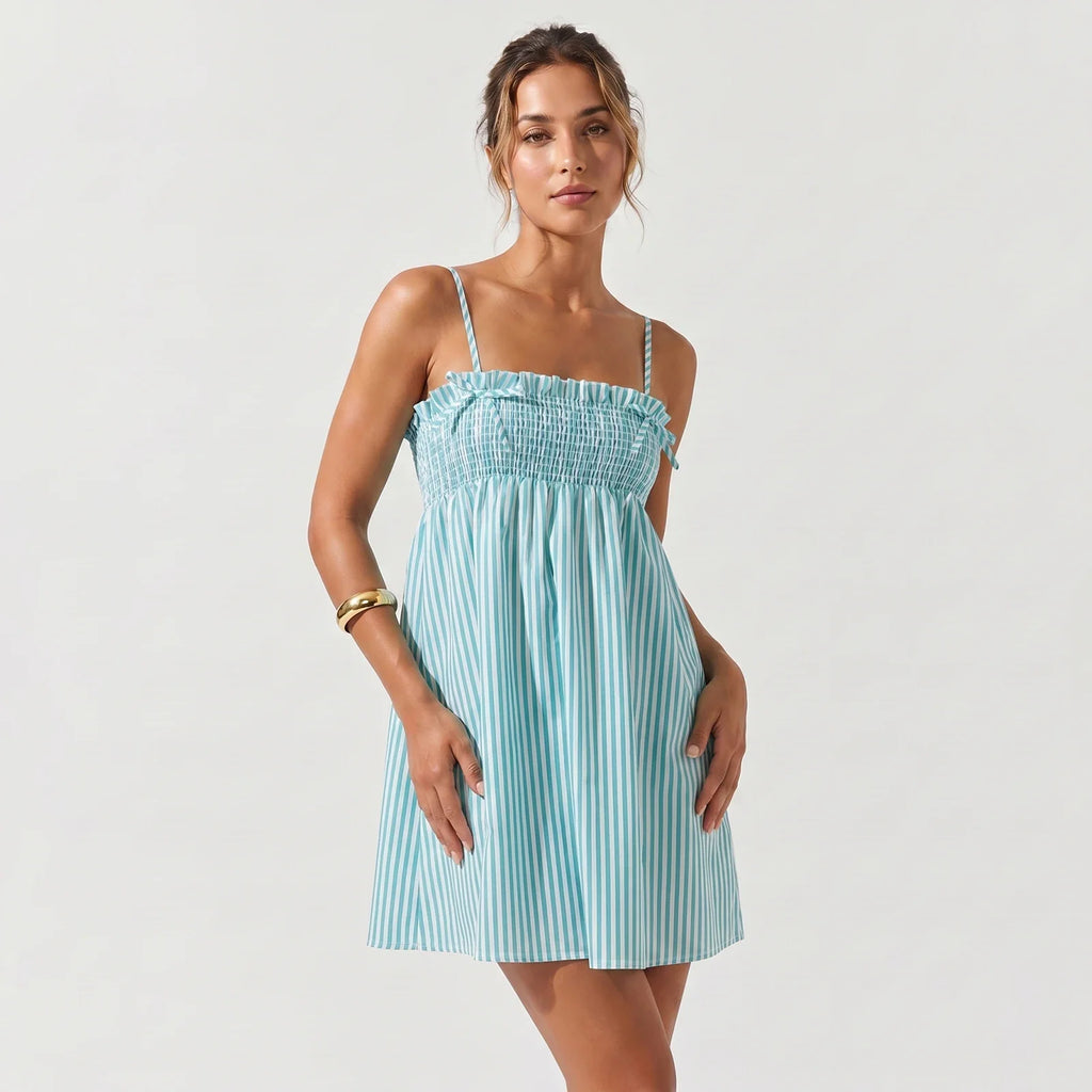 Women's Spaghetti Strap Mini Dress Striped Print Bow Sleeveless Babydoll Dress Summer Bohemian Holiday Beach Flowy Dresses