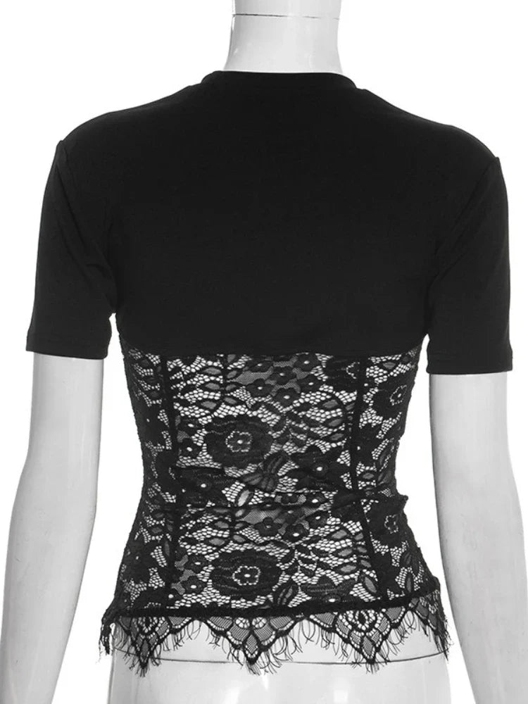 FDYOUI Woman Clothing Lace Patchwork Corset T-shirt 2026 Elegant Sexy Short Sleeve See-through Black Tops Y2K Girls T-shirts