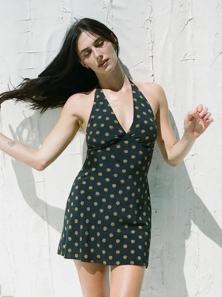 V Neck French Style Summer Women Dress Printed Boho Short Black Beach Dress Party Vintage Backless Tie Up Sexy Halter Dress 2025