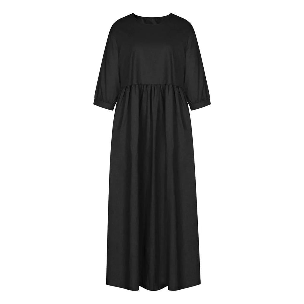 Womens Casual Summer Cotton Dress With Pockets 3/4 Sleeve Loose Midi Shirt Dress Women Dresses With Short Sleeves Vestidos