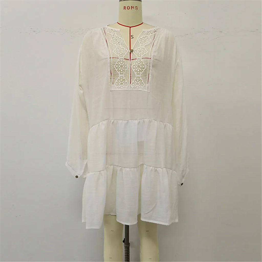 2025 Long Sleeve Hollow Out Crochet Knitted Tunic Beach Cover Up Cover-ups Beach Dress Beach Wear Beachwear Female Women K6674