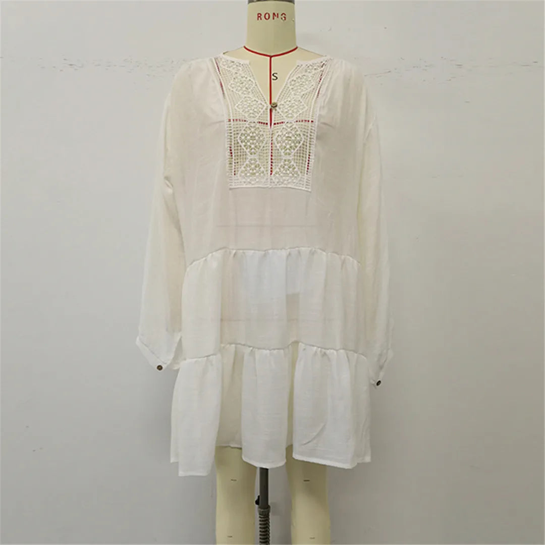 2025 Long Sleeve Hollow Out Crochet Knitted Tunic Beach Cover Up Cover-ups Beach Dress Beach Wear Beachwear Female Women K6674