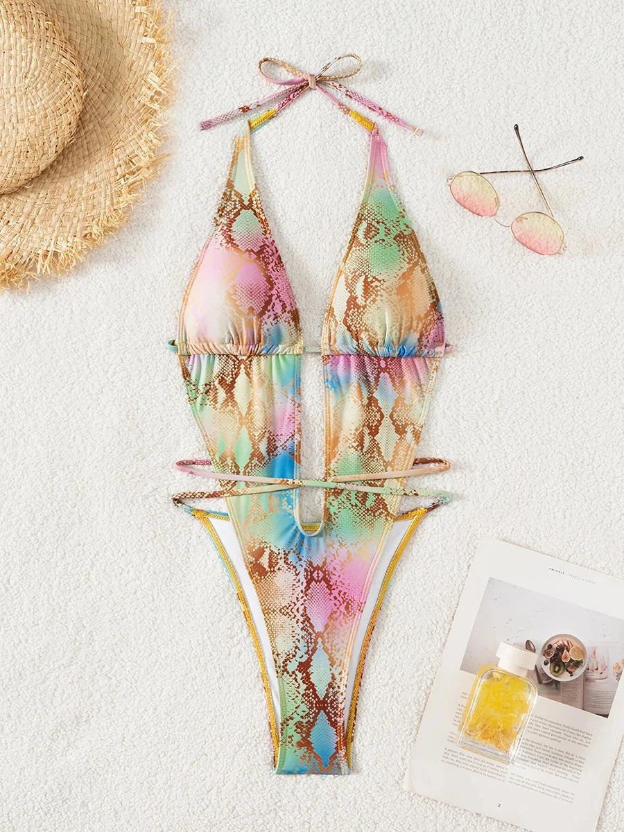 Snakeskin Halter Deep V Neck Female Swimwear One Piece Swimsuit Women Backless Monokini High Leg Cut Bathing Suit Swim Bodysuit