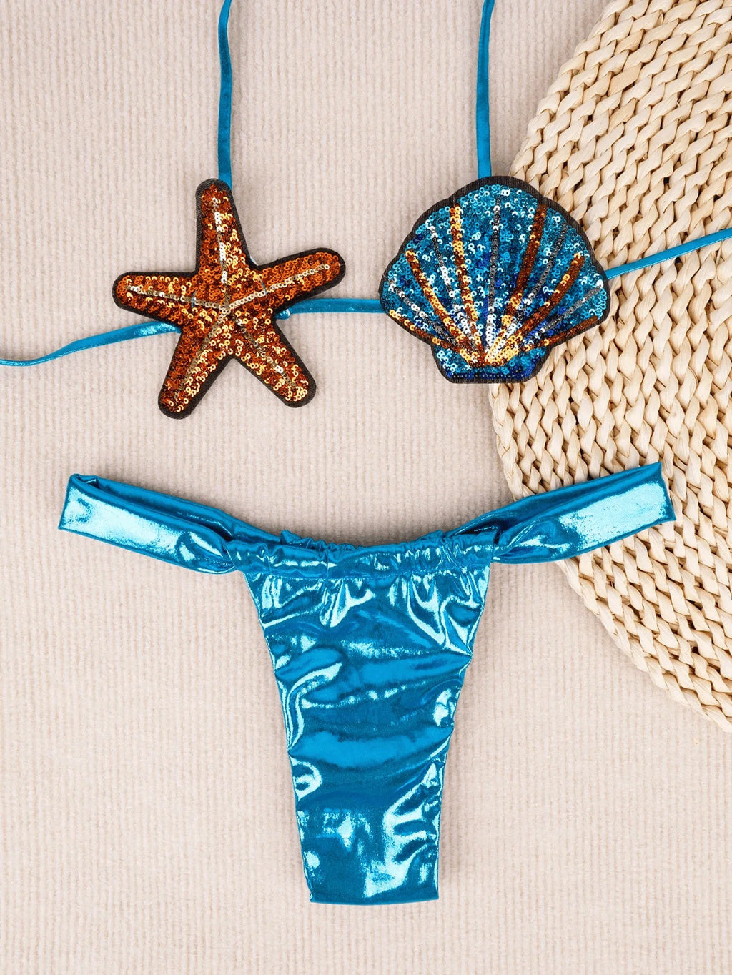 Shiny Sequin Shell Starfish Bikini Set Women Sexy Push Up Pleate Thong Swimsuit 2025 Brazilian Beach Bathing Suit Micro Swimwear