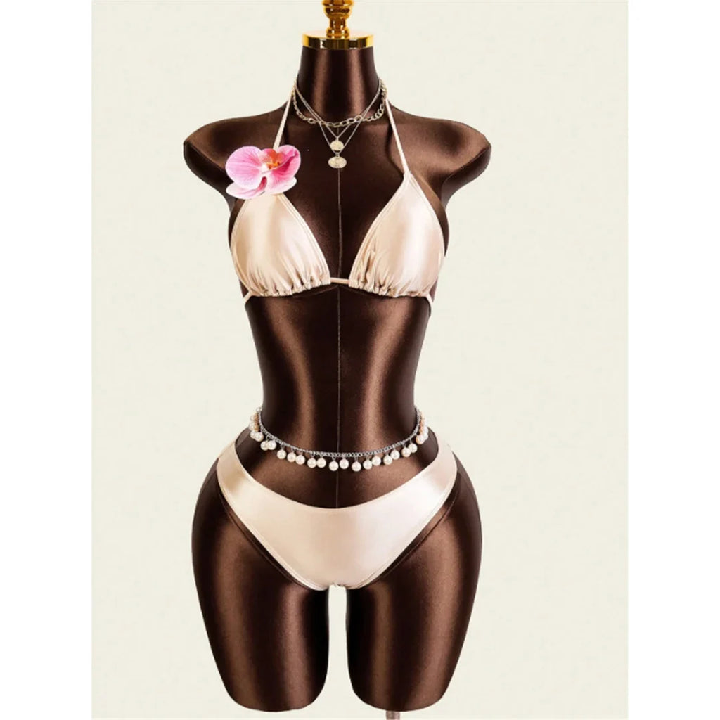 XS - L With Skirt 3D Flower Halter Bikini Women Swimwear Female Swimsuit Three-Pieces Bikini Set Bather Bathing Suit Swim V8065