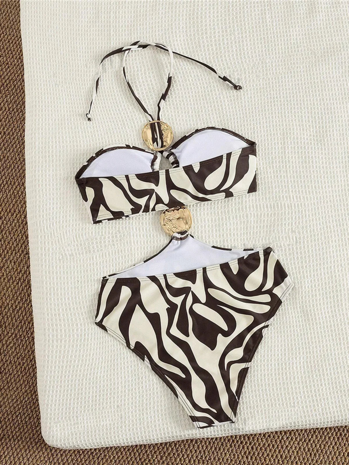 S - XL Leopard Printed Halter One Piece Swimsuit Cut Out Monokini Padded Bather Bathing Suit Swim Women Swimwear Female K8109