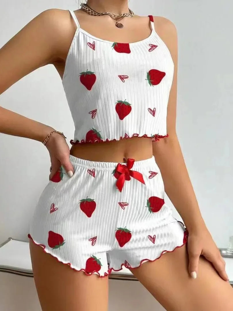 Summer Sleepwear Women's Camisole Strawberry Printing Casual Vest Tops and Shorts  2 Pieces Pajamas Set Loungewear