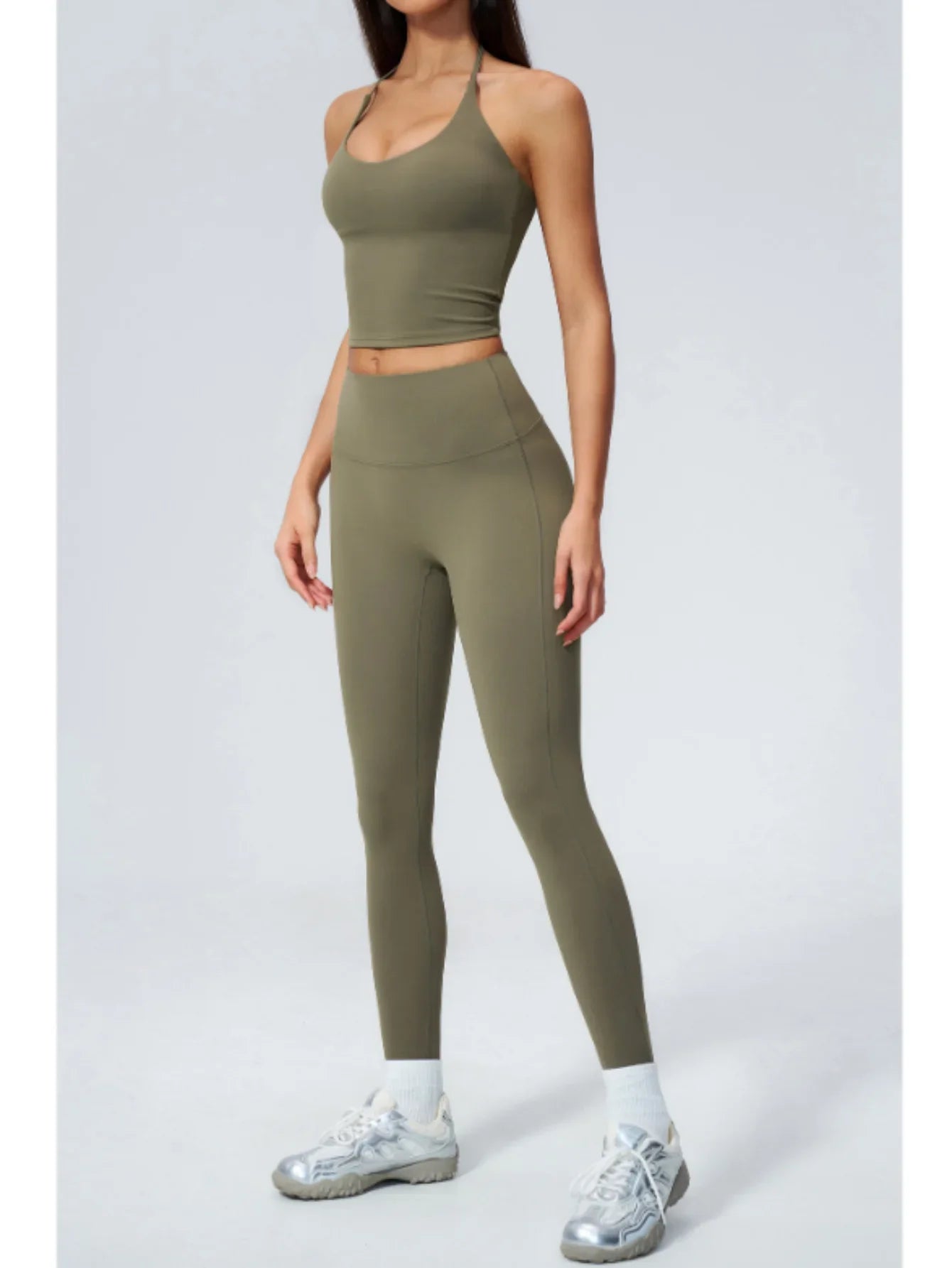 Women Tracksuit 2PCS Seamless Yoga Sets Hanging V Neck Slim Sports Tank Top Fitness Outfits Gym Running High Waist Leggings Suit