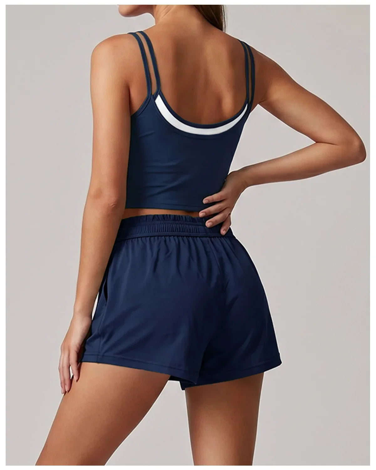 Women's New Summer Yoga Sets Color Blocked Double Strap Workout Tank Top Fitness Suit Drawstring High Waist Short Sport Set