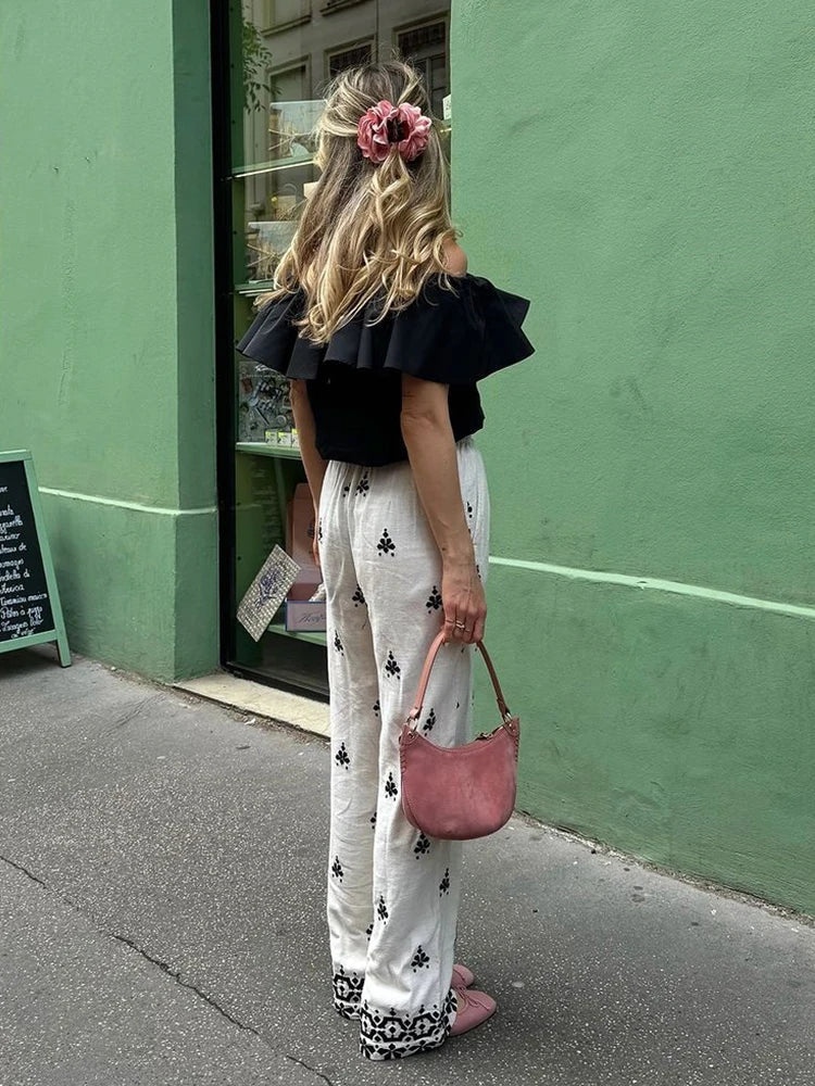 Foridol Geometric Pattern Embroidery Long Pants Women Wide Leg Beige Casual Summer Pants Elastic Waist Drawstring Pants 2025