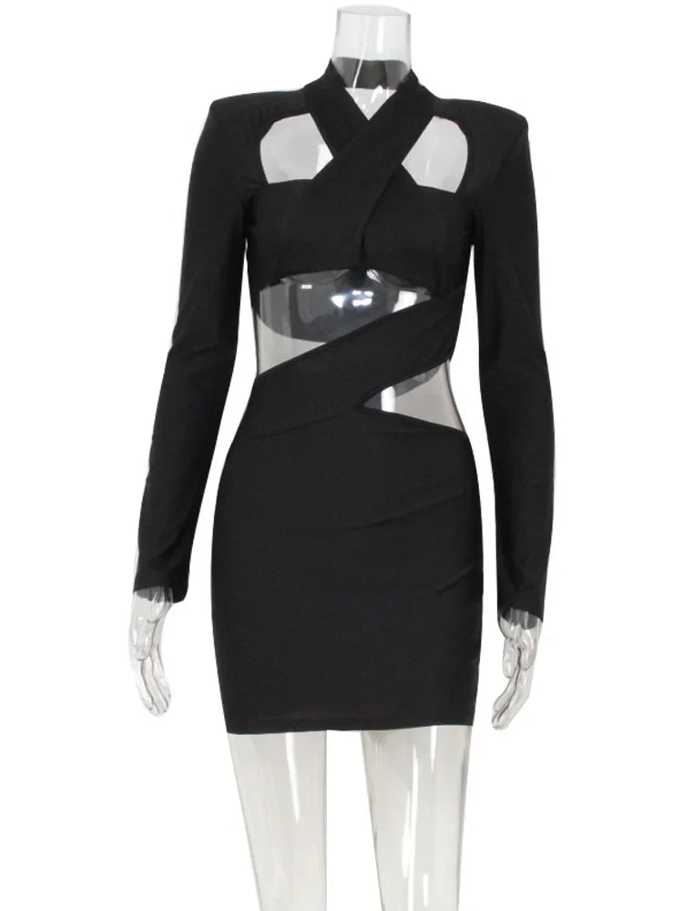 Ahagaga Sexy Club Women's Mini Dresses Solid Hollow Out V-Neck Regular Long Sleeves Sheath Bodycon Slim Fit Streetwear Vestidos
