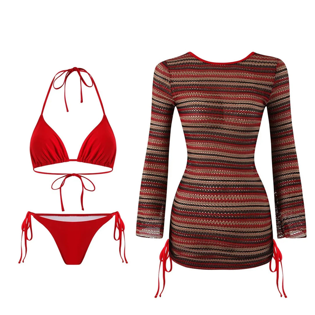 S - XL Striped Long Sleeve Cover Up Bikini Female Swimsuit Women Swimwear Bather Bathing Suit Swim Three-pieces Bikini set K8128