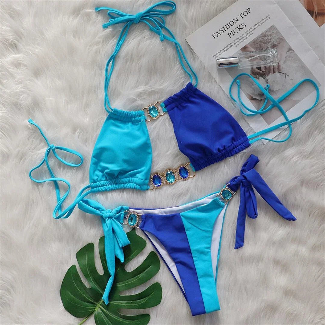 8 Colors Diamond Rhinestones Splicing Bikini Women Swimwear Female Swimsuit Two-Pieces Bikini Set Bather Bathing Suit Swim V5132