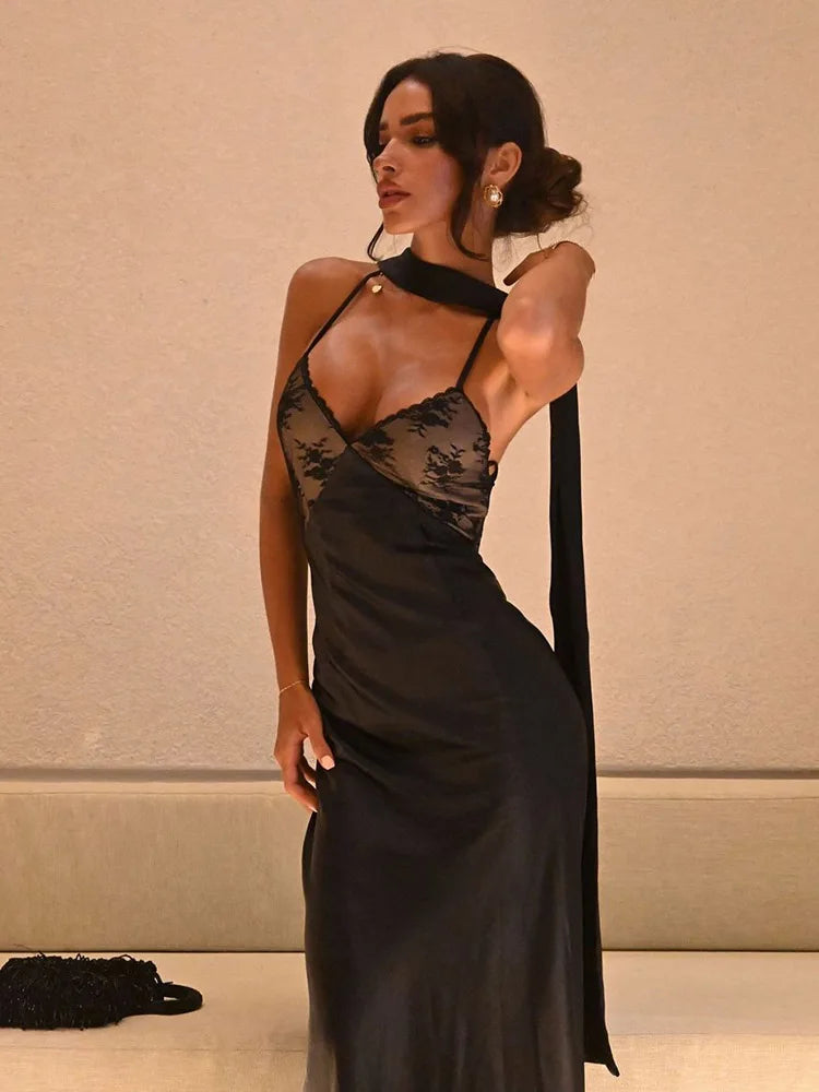 Ahagaga Sexy Lace Women's Party Long Dresses Slim V-neck Solid Blackless Mesh Sleeveless Camisole Sheath Regular Vestidos Robes