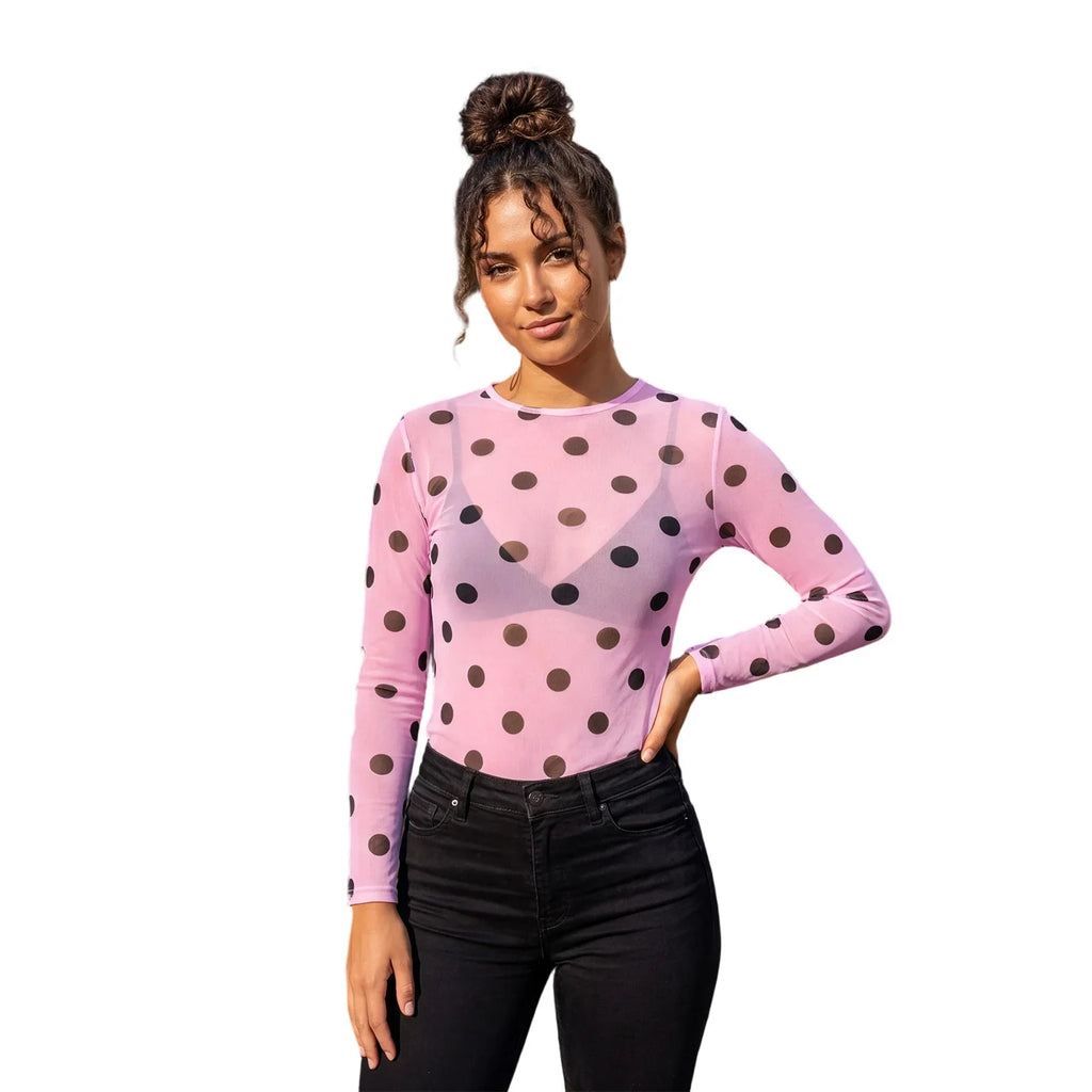 Women’s Spring Summer Crew Neck Mesh T-Shirts Long Sleeve Dots Print Slim Fit Transparent Classic Tops